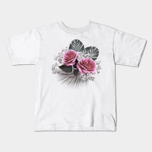 Pink Flowers Tropical Leaves Kids T-Shirt